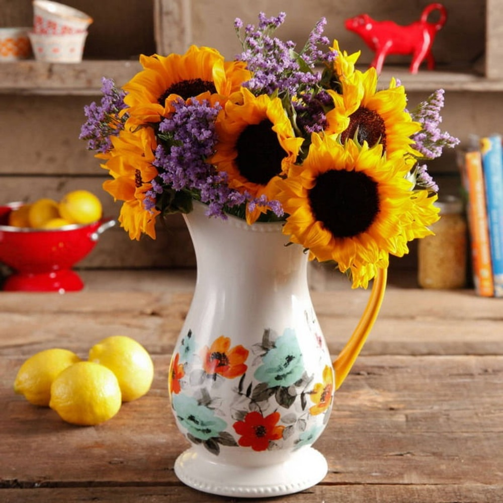 Pioneer Woman Flea Market Stoneware Floral 2 Quart Pitcher White Red Teal Blue - Picture 6 of 9